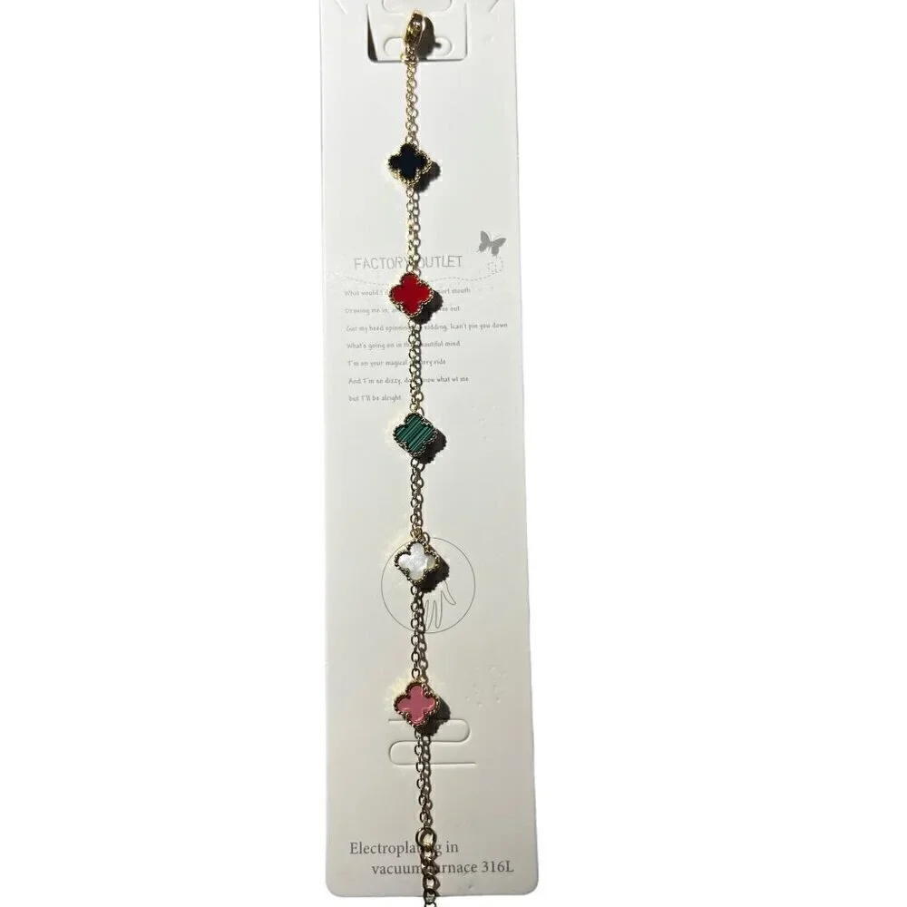 WOMENS GOLD PLATED MULTI COLOR MINI IRISH SHAMROCK STAINLESS STEEL BRACELET